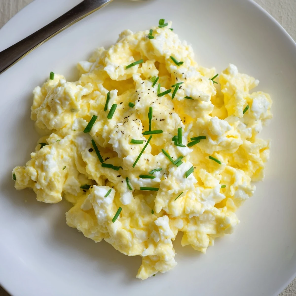 Warm Cottage Cheese Scrambled Eggs with Chives steaming in nonstick skillet, buttery texture