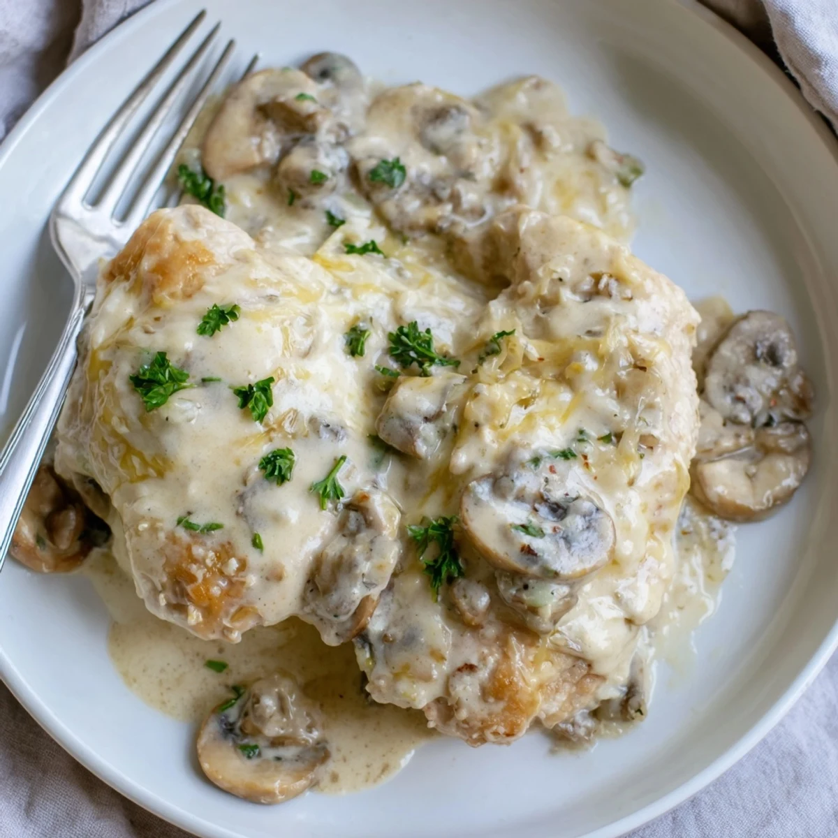 Oven-browned Cheesy Chicken Mushroom Bake served with parsley garnish and mashed potatoes.
