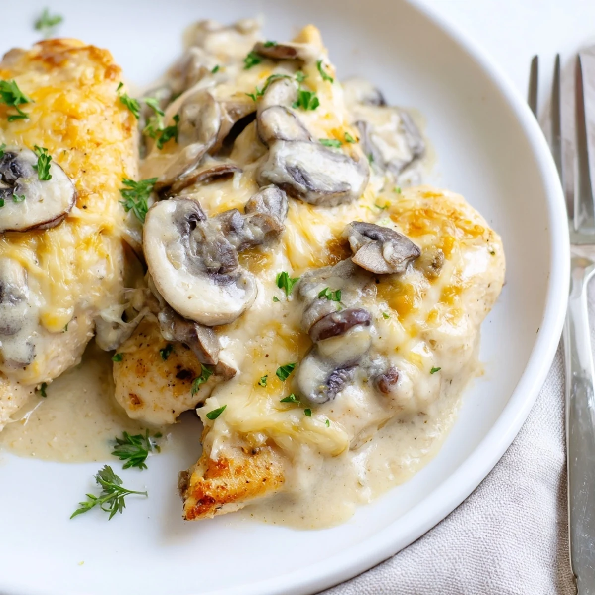 Cheesy Chicken Mushroom Bake bubbling golden, creamy sauce over tender baked chicken.