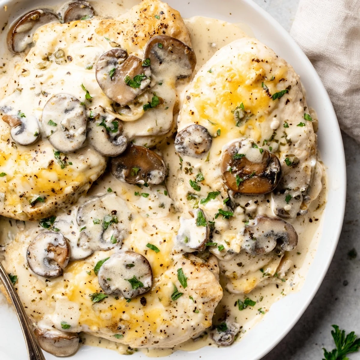 Hot Cheesy Chicken Mushroom Bake releasing savory mushroom aroma, gooey cheese pull.