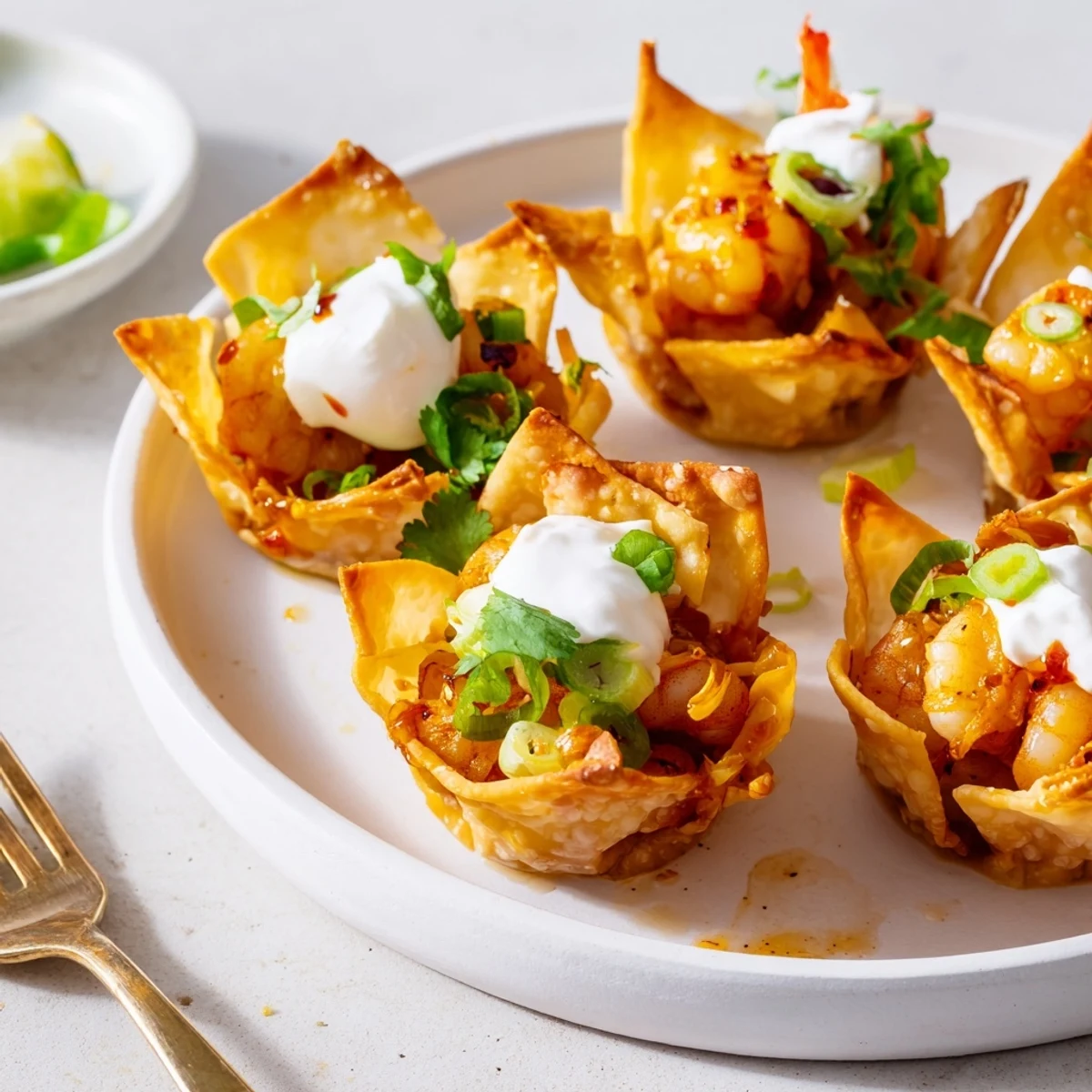 Baked Crispy Shrimp Wonton Cups With Lime Cream served warm, zesty creamy bites.