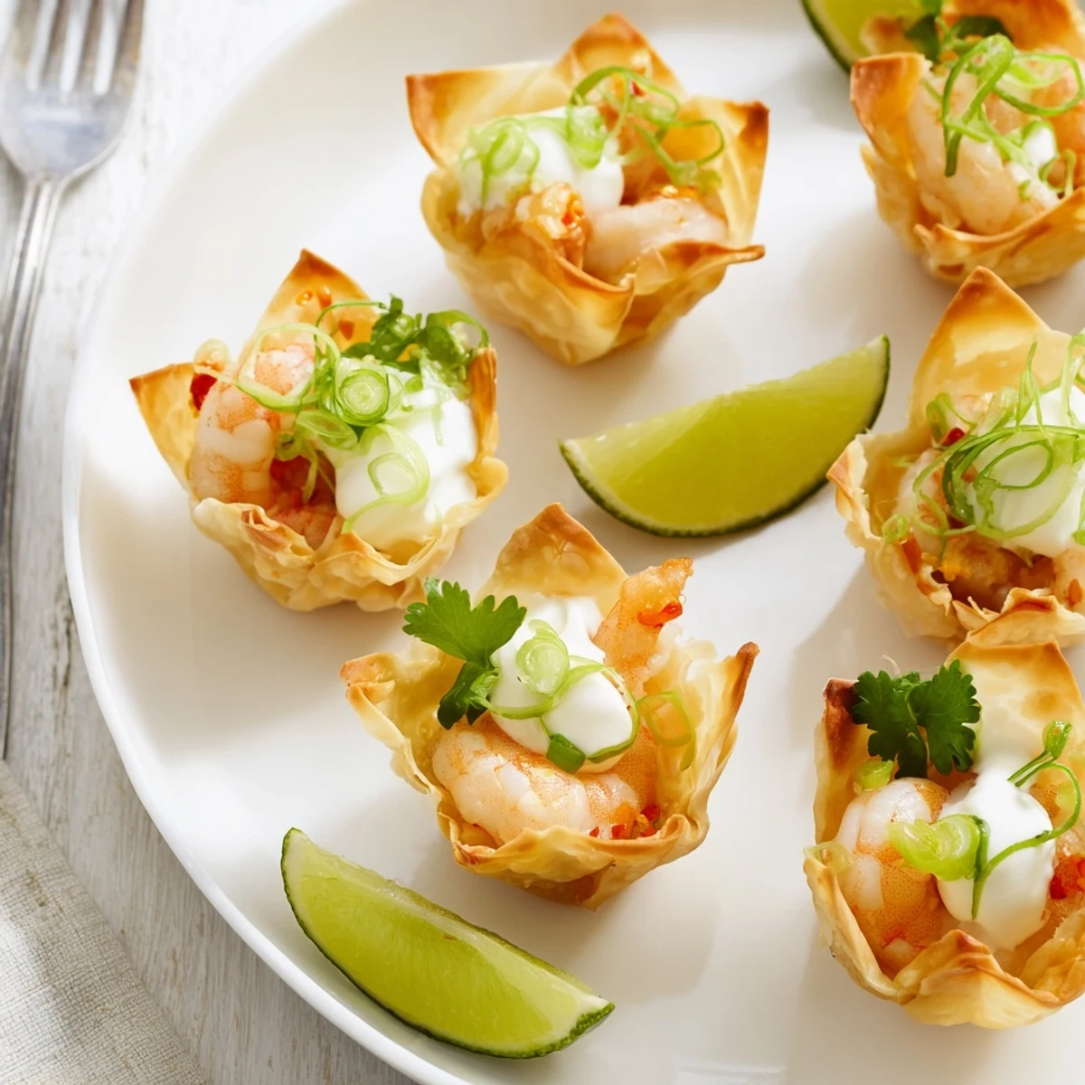 Party tray of Crispy Shrimp Wonton Cups With Lime Cream, crunchy, citrusy appetizers.