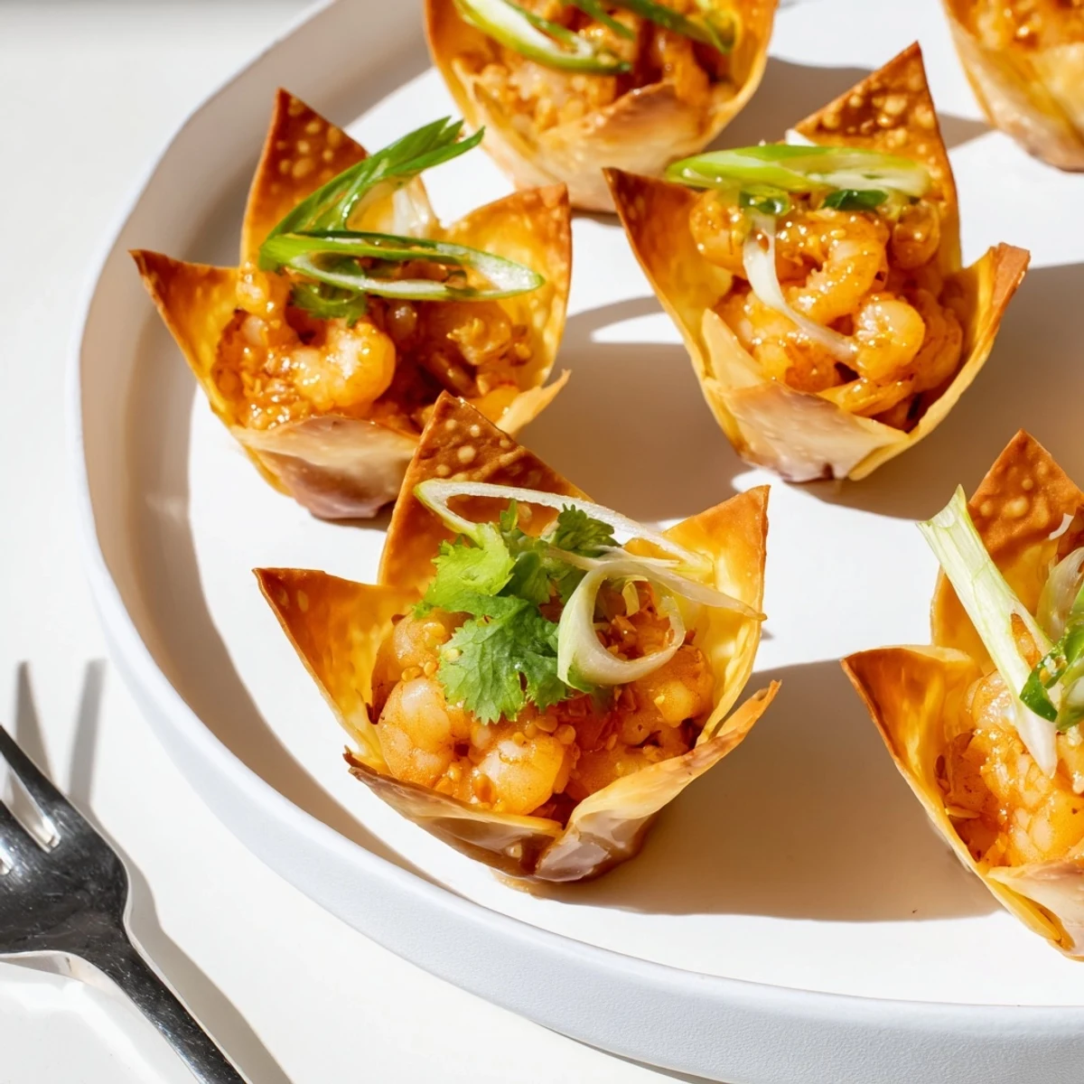 Crispy Shrimp Wonton Cups With Lime Cream drizzled with extra lime zest and cilantro.