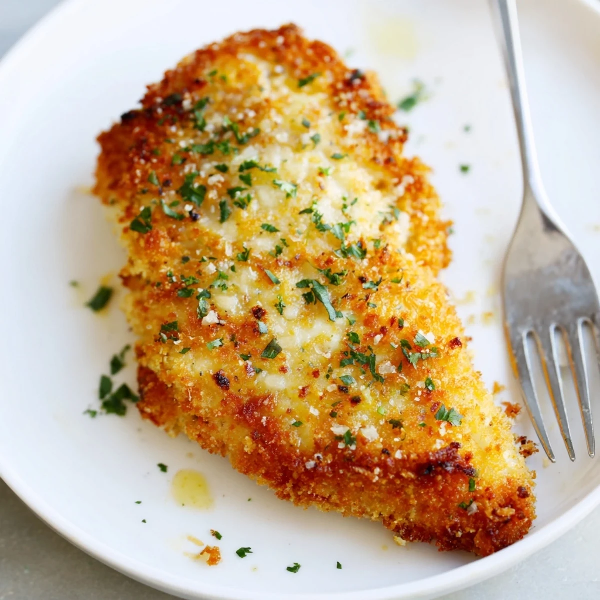 Golden, bubbling pan of Crispy Chicken Caramelized Onions Melted Cheese  