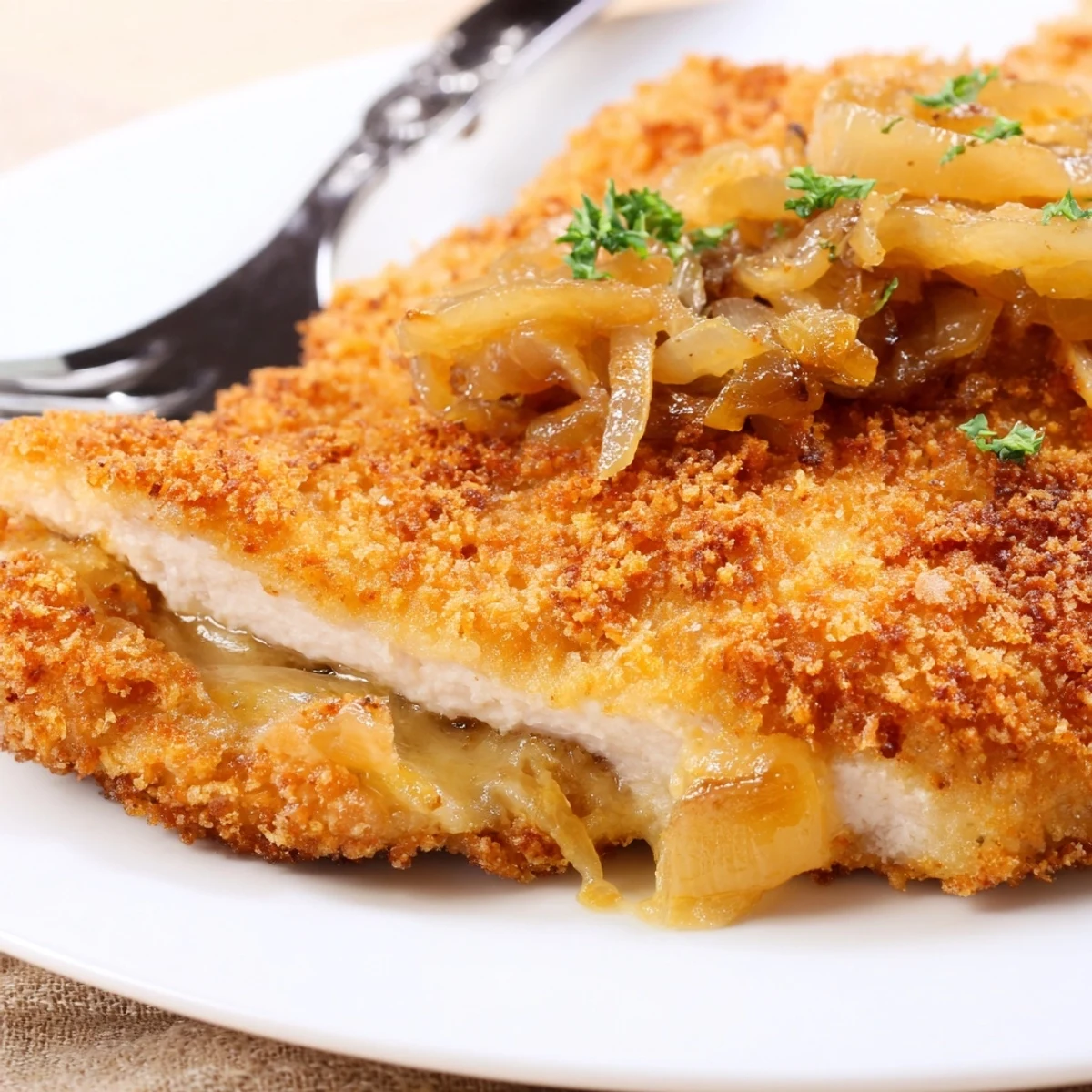Breaded Crispy Chicken Caramelized Onions Melted Cheese garnished with chopped parsley  