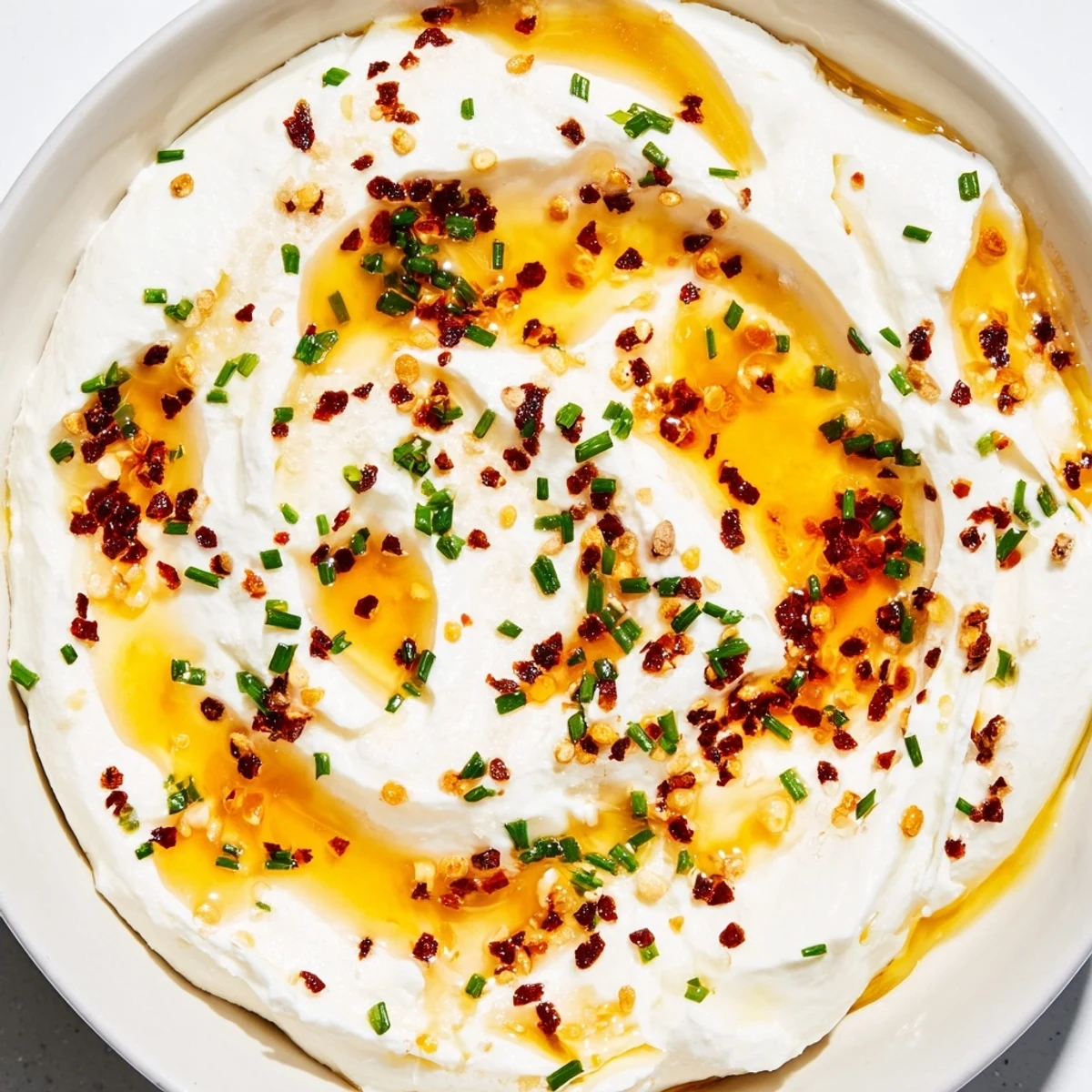 Creamy whipped feta topped with golden hot honey drizzle and fresh herbs