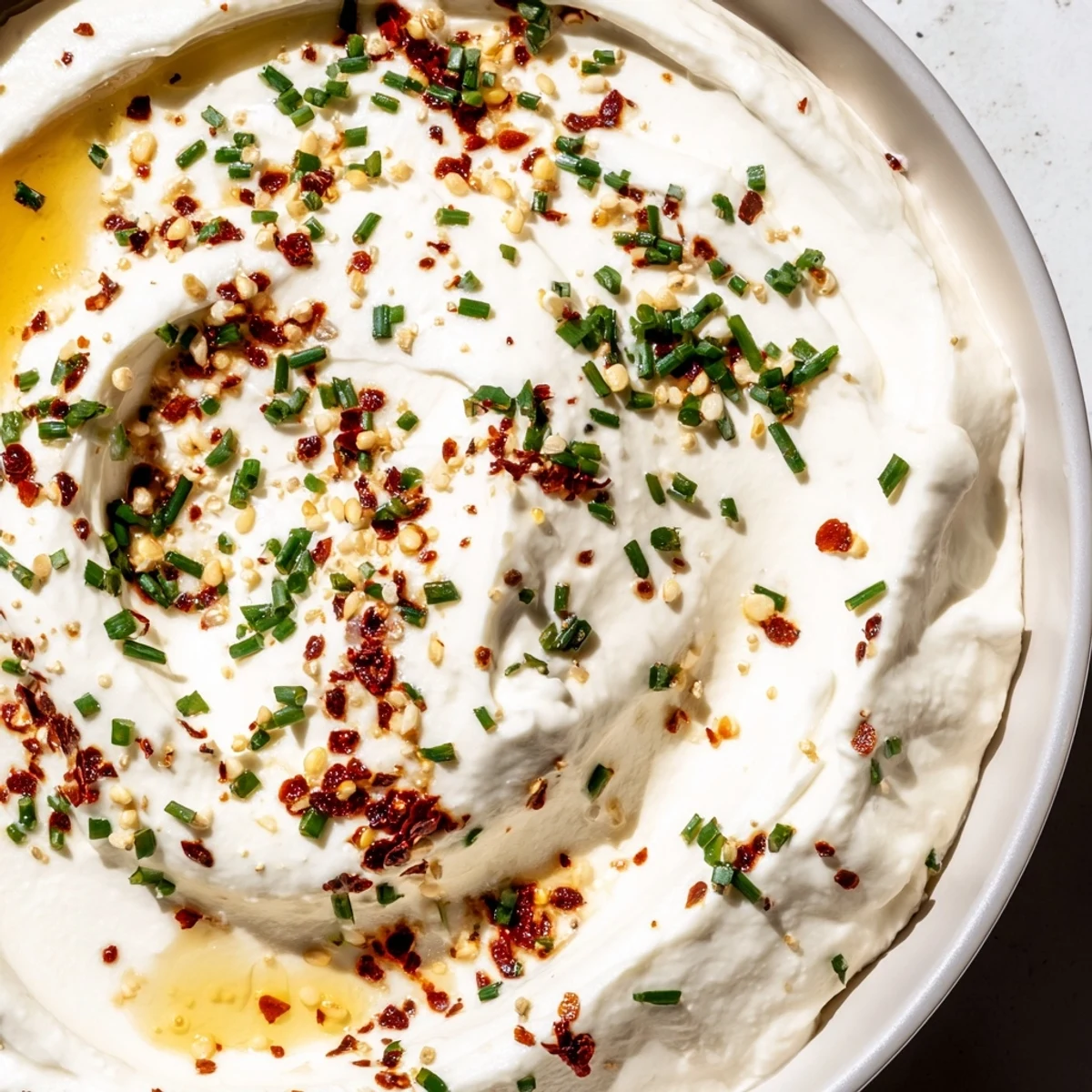 White bowl of smooth whipped feta appetizer garnished with spicy honey and black pepper