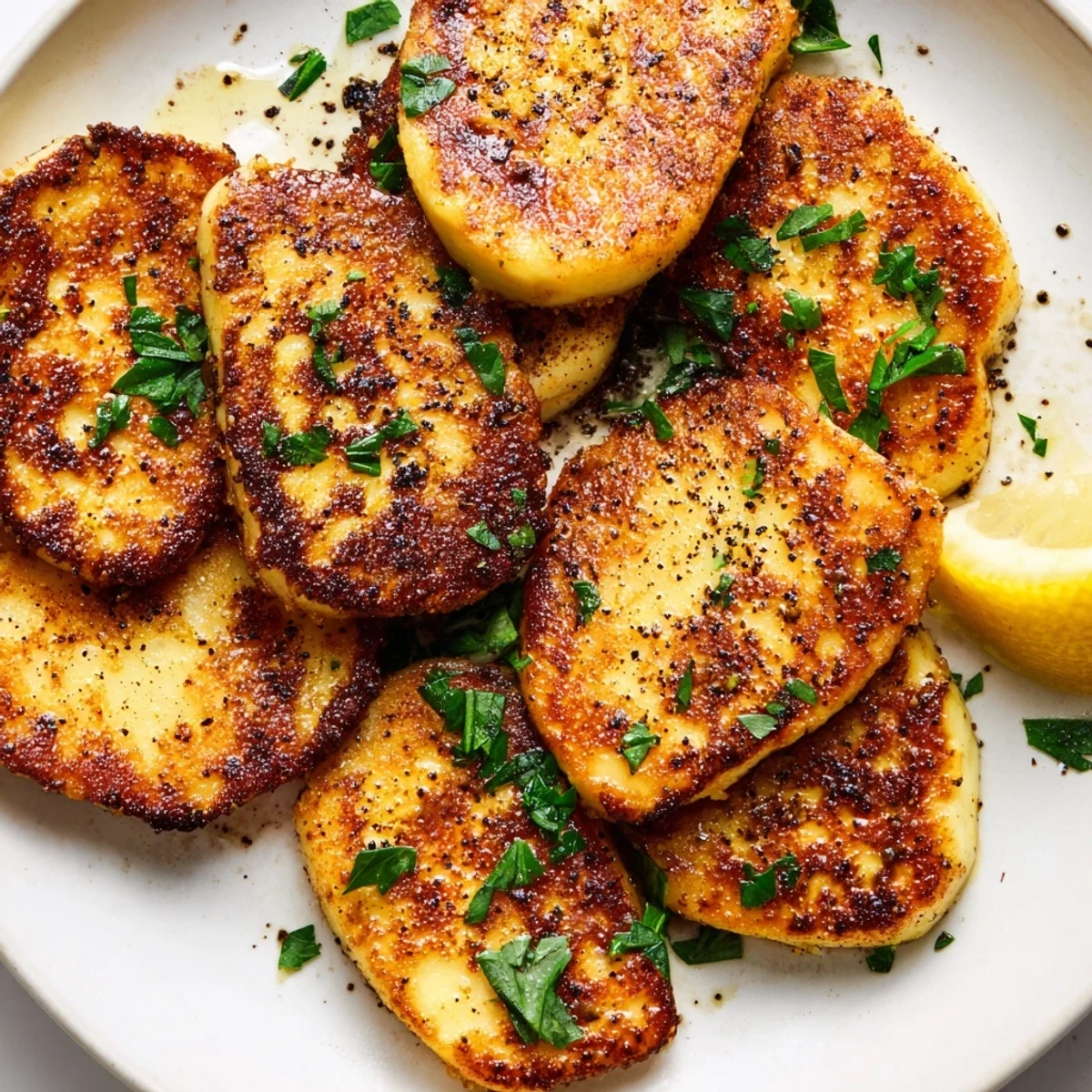 Crispy Mediterranean halloumi cheese frying in skillet with olive oil and black pepper