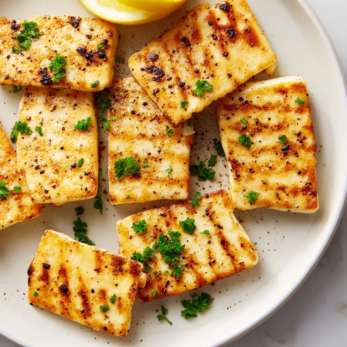 Golden pan fried halloumi cheese slices with fresh lemon wedges and chopped parsley