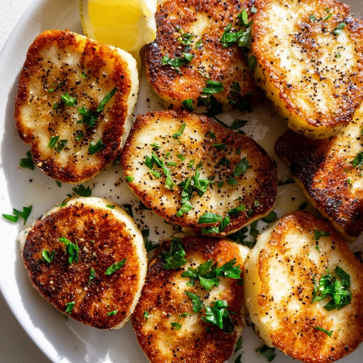 Savory halloumi appetizer served on white plate with lemon and herb garnish