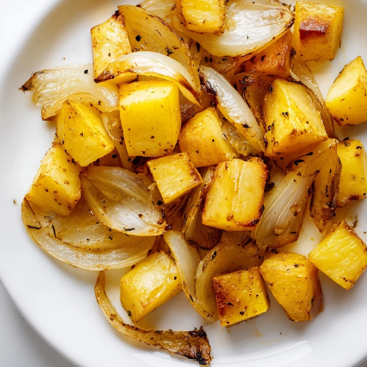 Golden roasted potatoes and onions caramelized to perfection with fragrant herbs on a rustic baking sheet