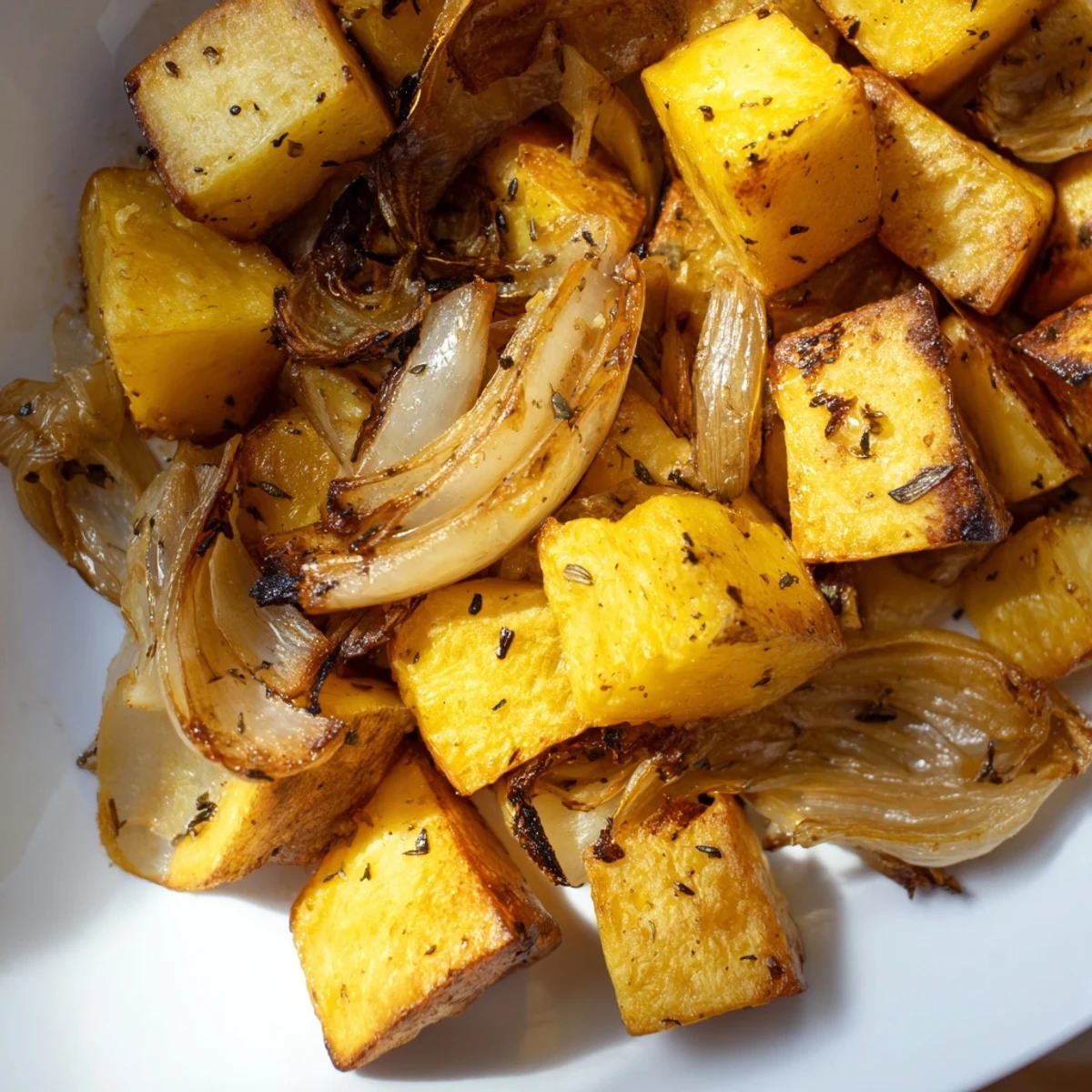 Crispy roasted potatoes and onions tossed with olive oil and thyme for a comforting vegetarian side dish