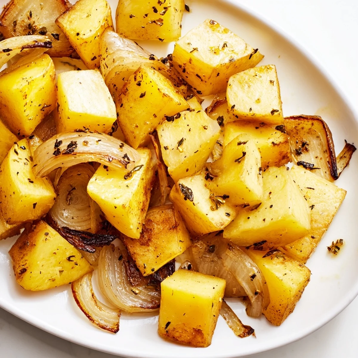 Baked potato and onion wedges roasted until golden brown and tender with fresh parsley garnish