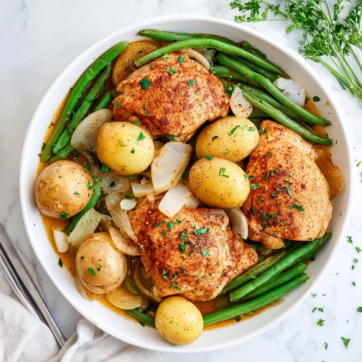 Slow cooker chicken and potatoes with green beans in a rich, savory broth