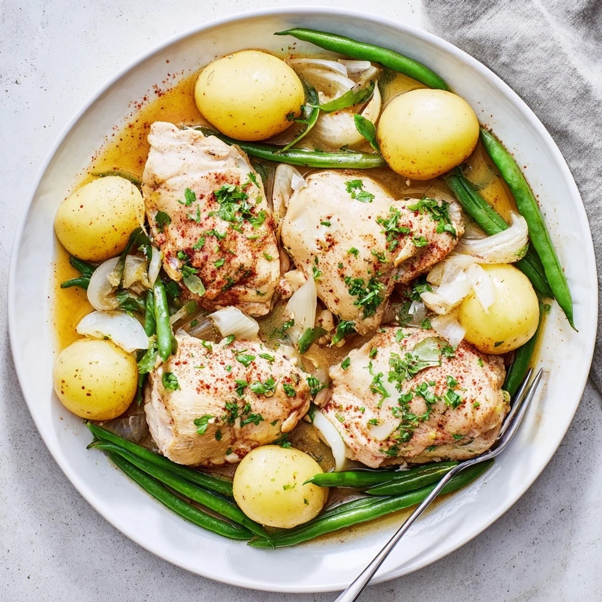 Tender slow cooker chicken and potatoes with green beans garnished with fresh parsley