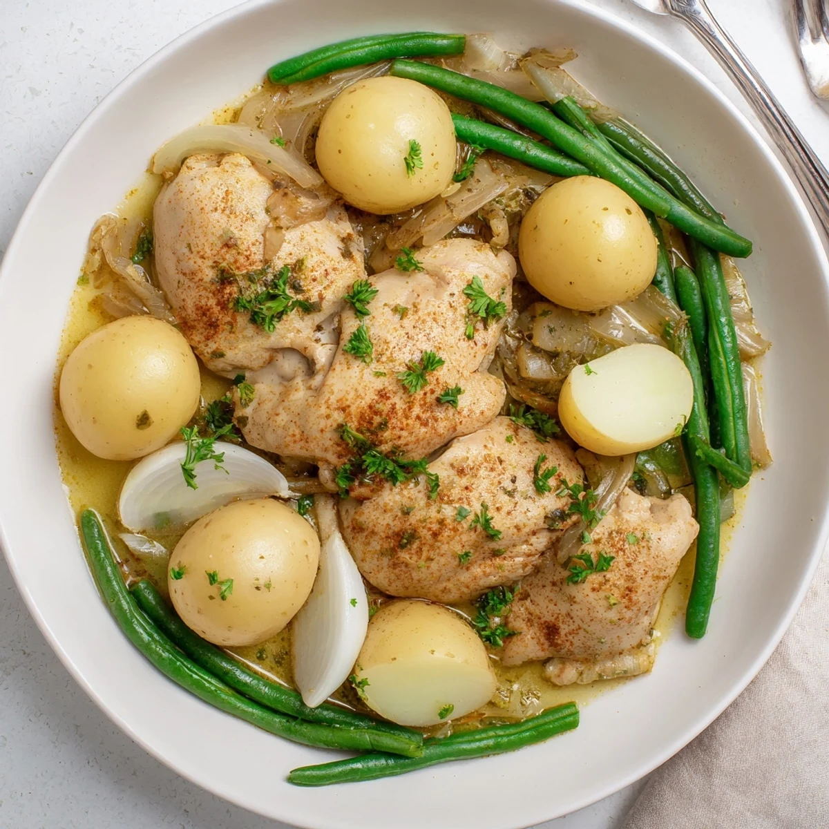 Hearty slow cooker chicken and potatoes with green beans served in a deep bowl