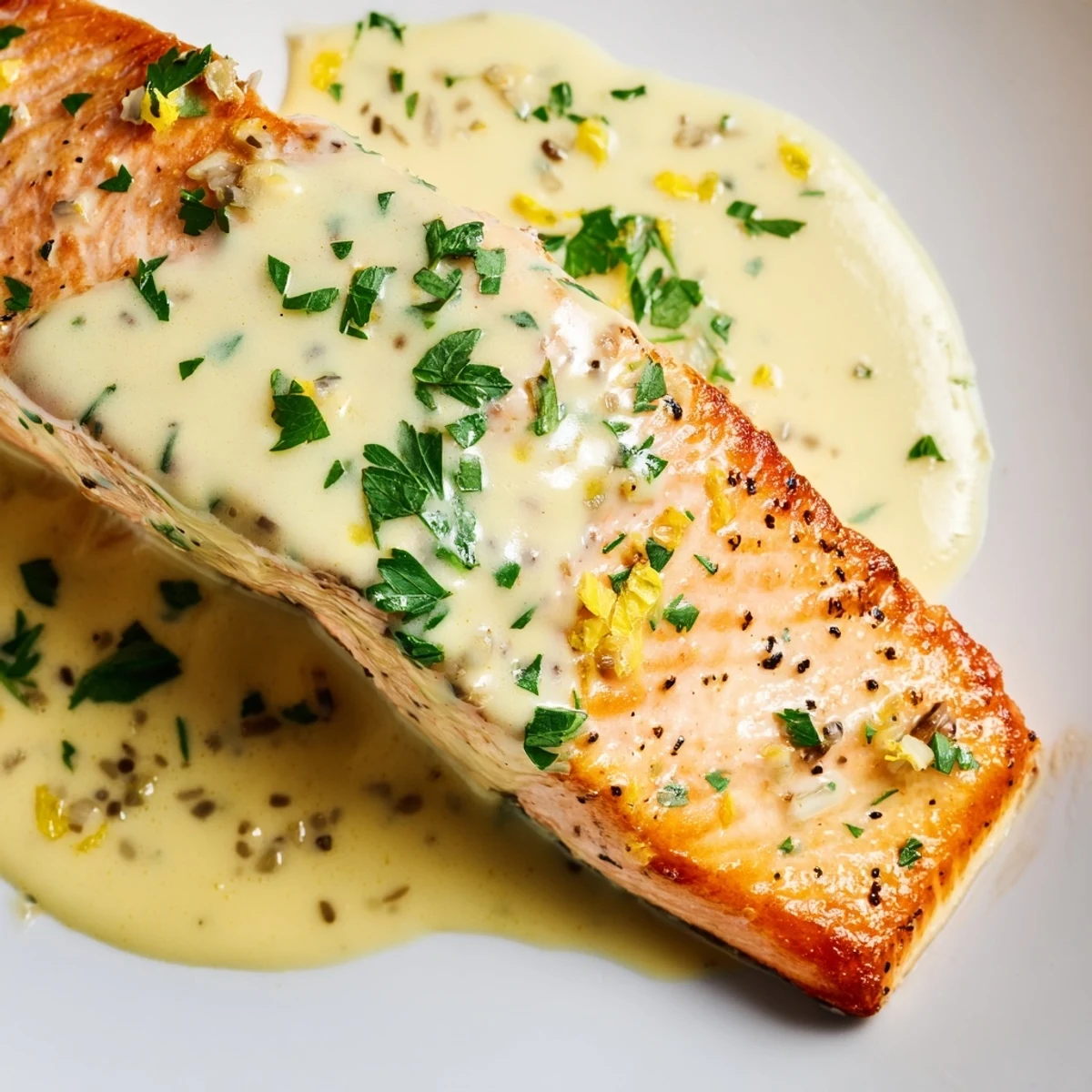 Golden pan-seared salmon fillet drizzled with creamy lemon garlic sauce and fresh parsley