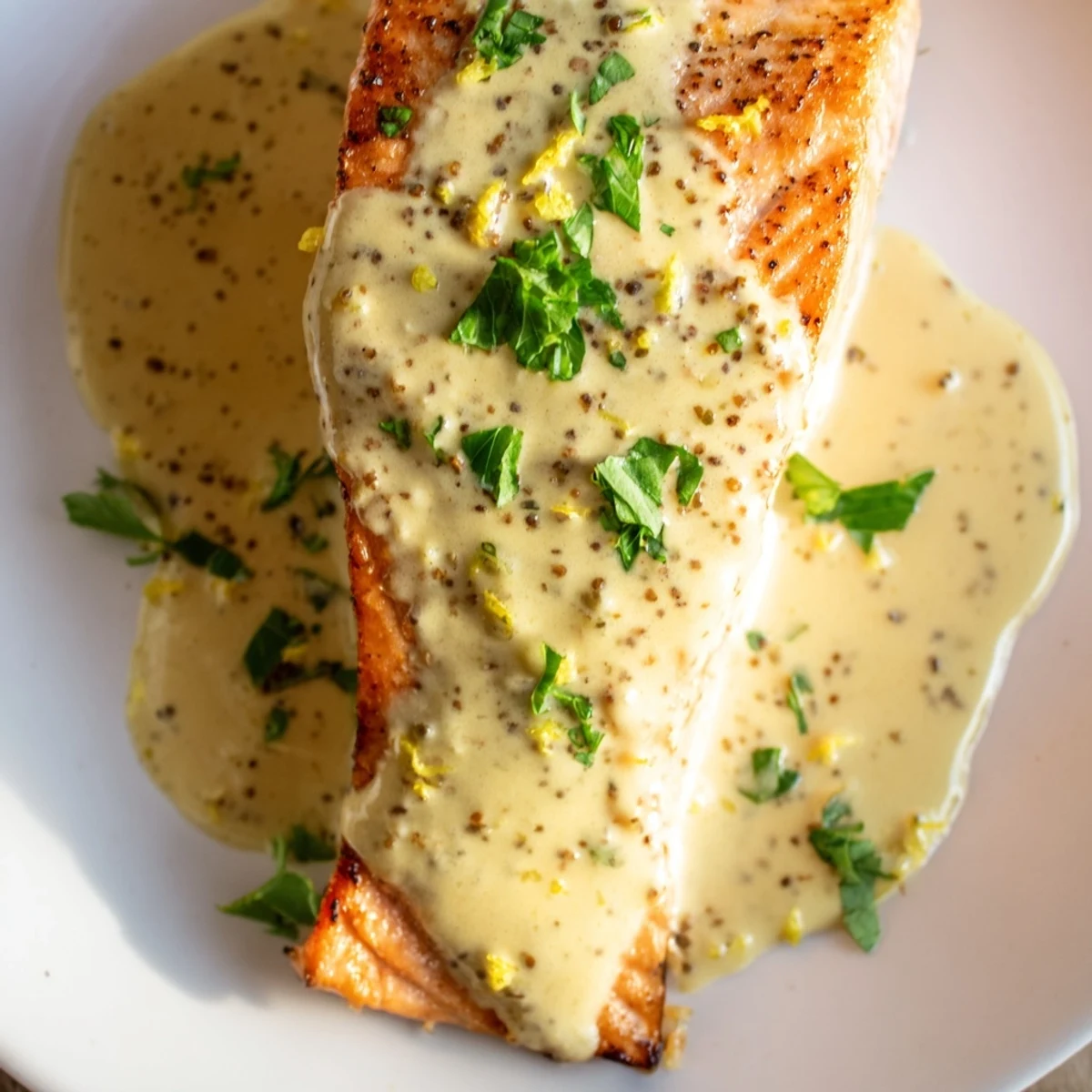 Succulent salmon fillets topped with tangy lemon cream sauce and chopped parsley