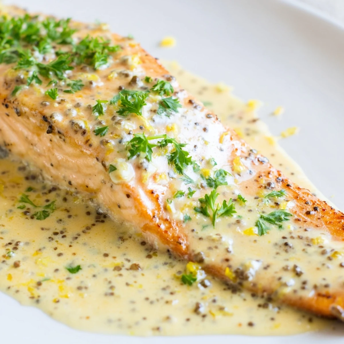 Tender salmon with lemon cream sauce plated elegantly with lemon wedge garnish