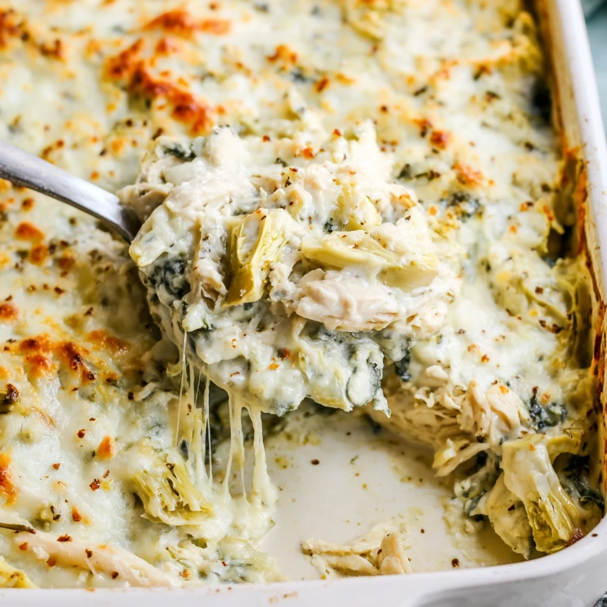 Golden bubbly Spinach Artichoke Chicken Casserole fresh from the oven with melted cheese topping