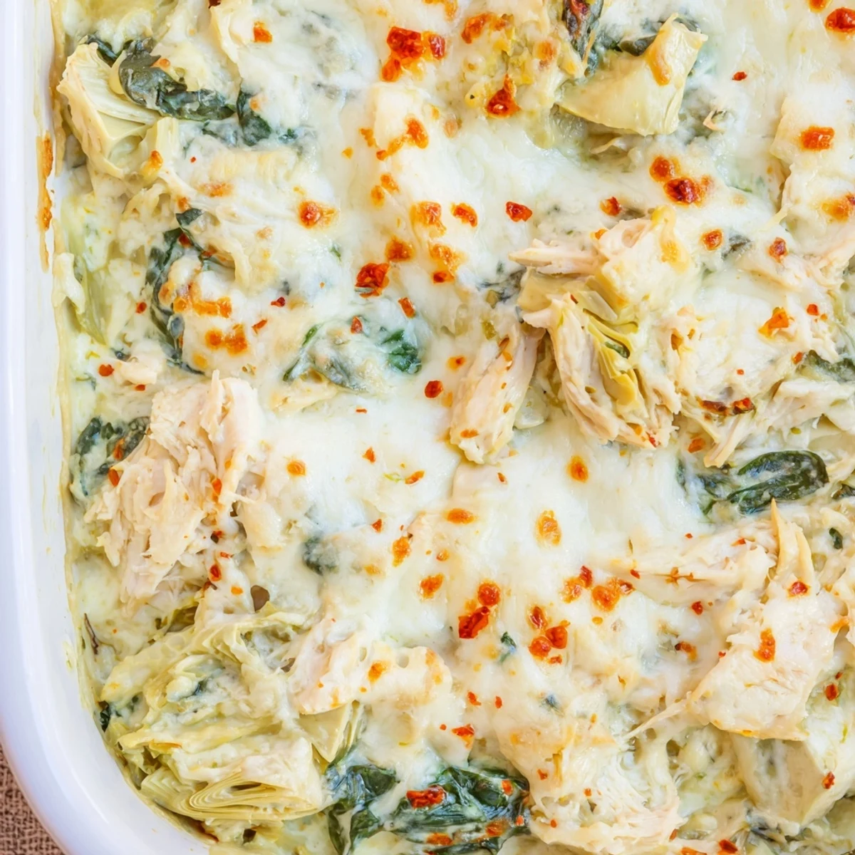 Creamy spinach artichoke chicken casserole baked to perfection with tender shredded chicken and vegetables