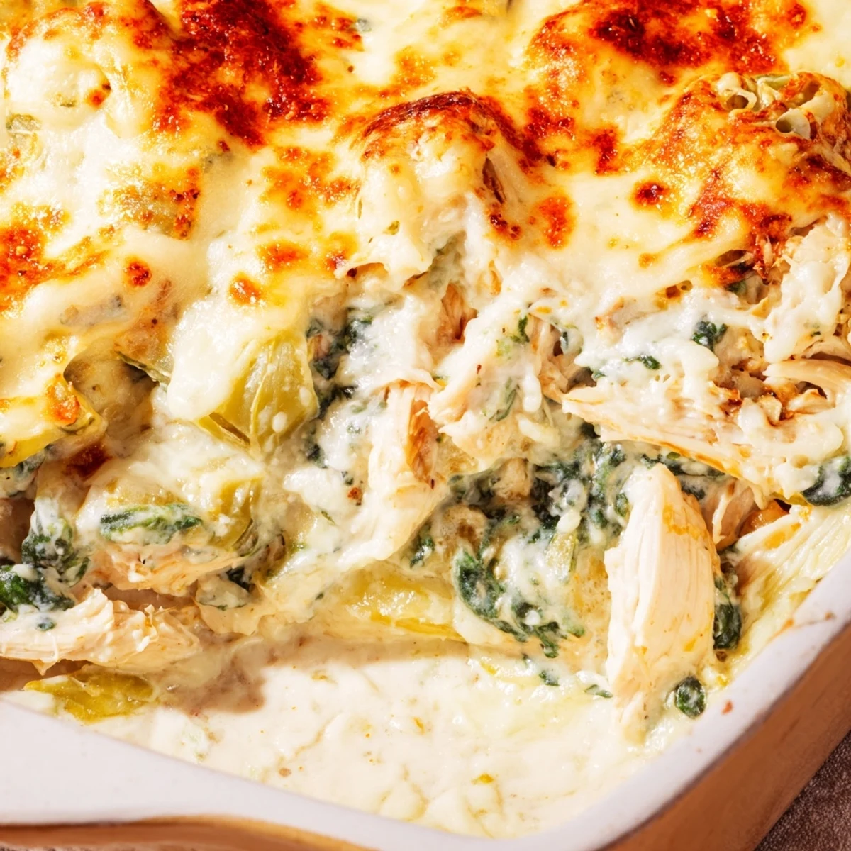 Spoonful of cheesy spinach artichoke chicken casserole showing creamy sauce and golden mozzarella topping