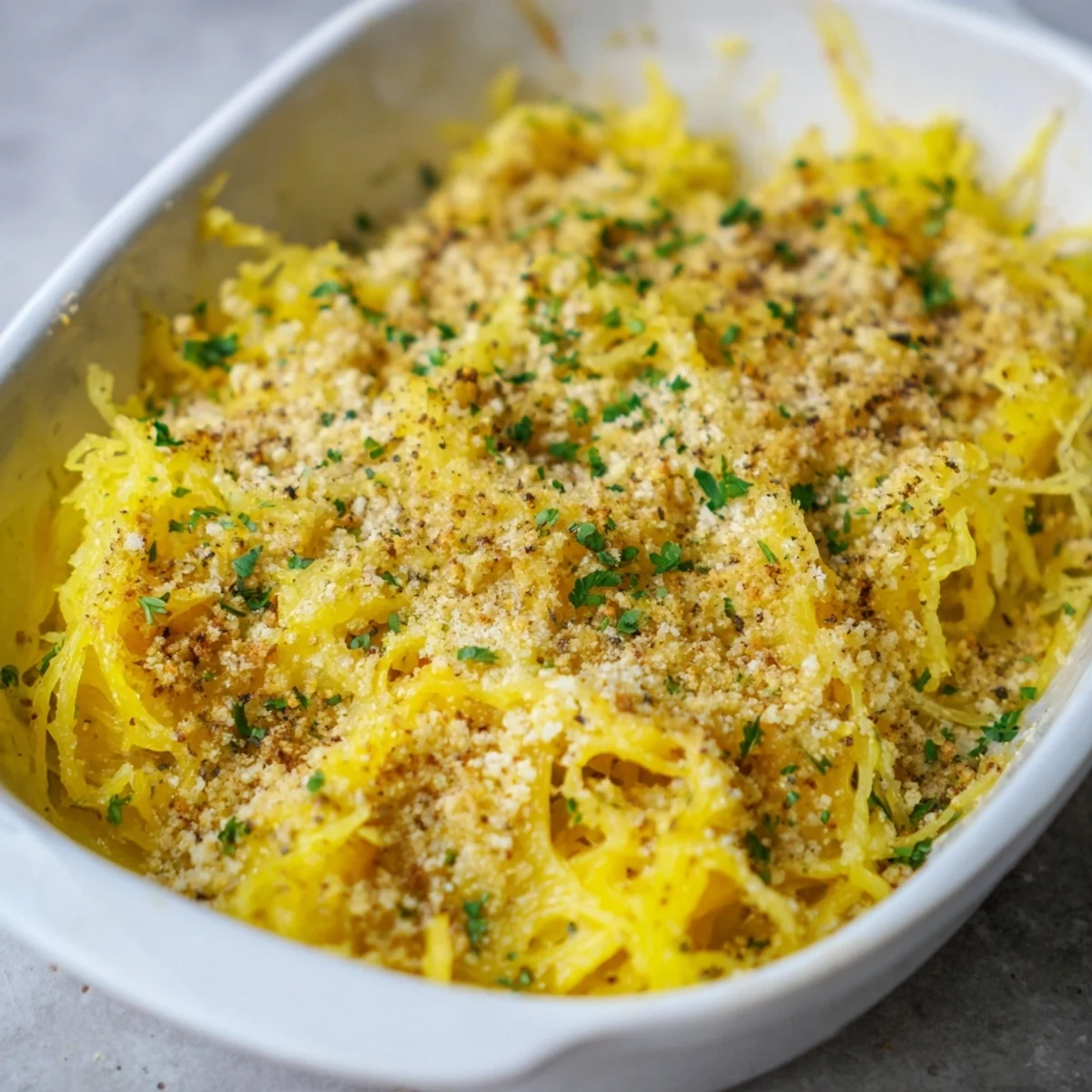 Creamy cheesy spaghetti squash mac and cheese bubbling in a white baking dish with golden brown edges