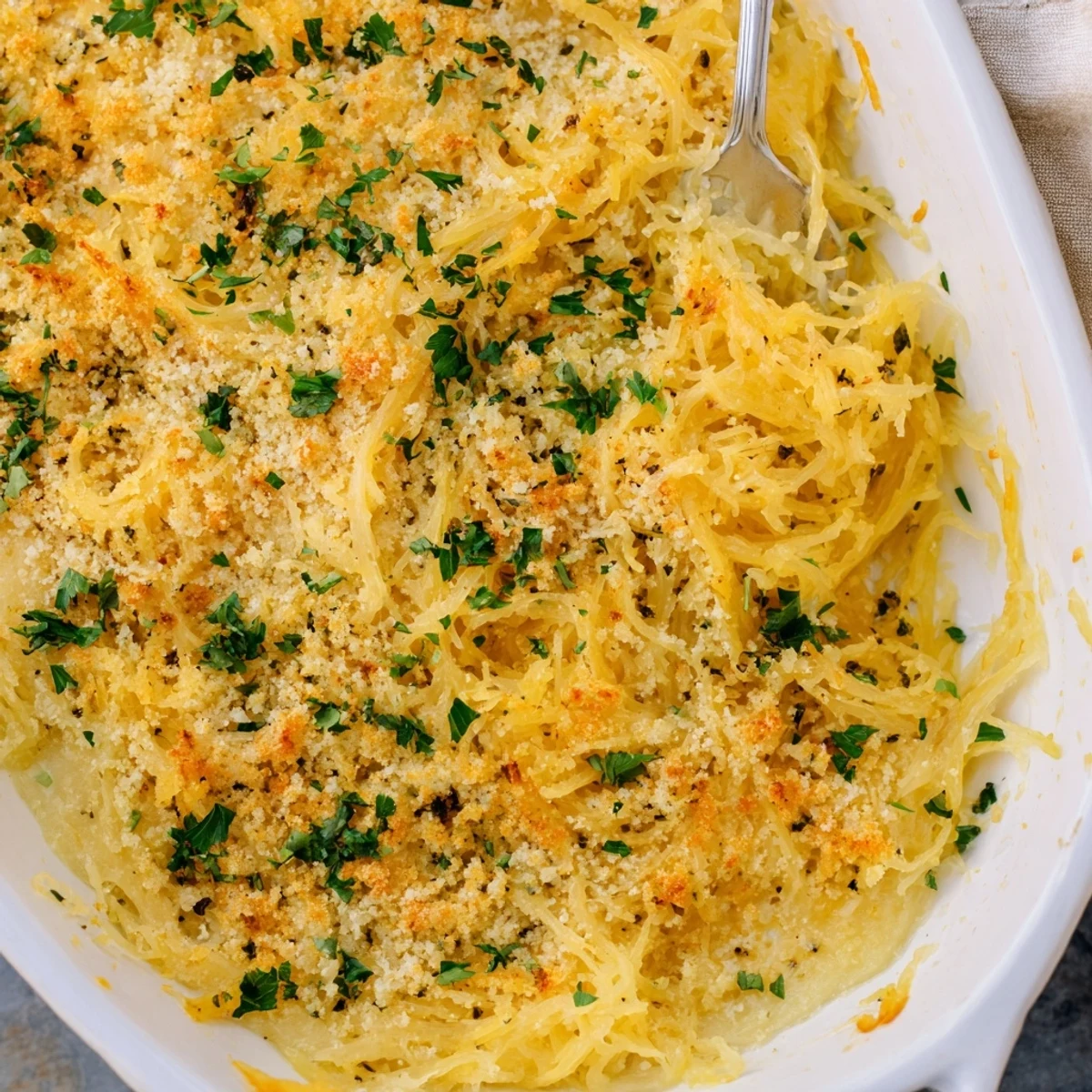 Golden bowl of spaghetti squash mac and cheese topped with crispy buttered breadcrumbs and fresh parsley