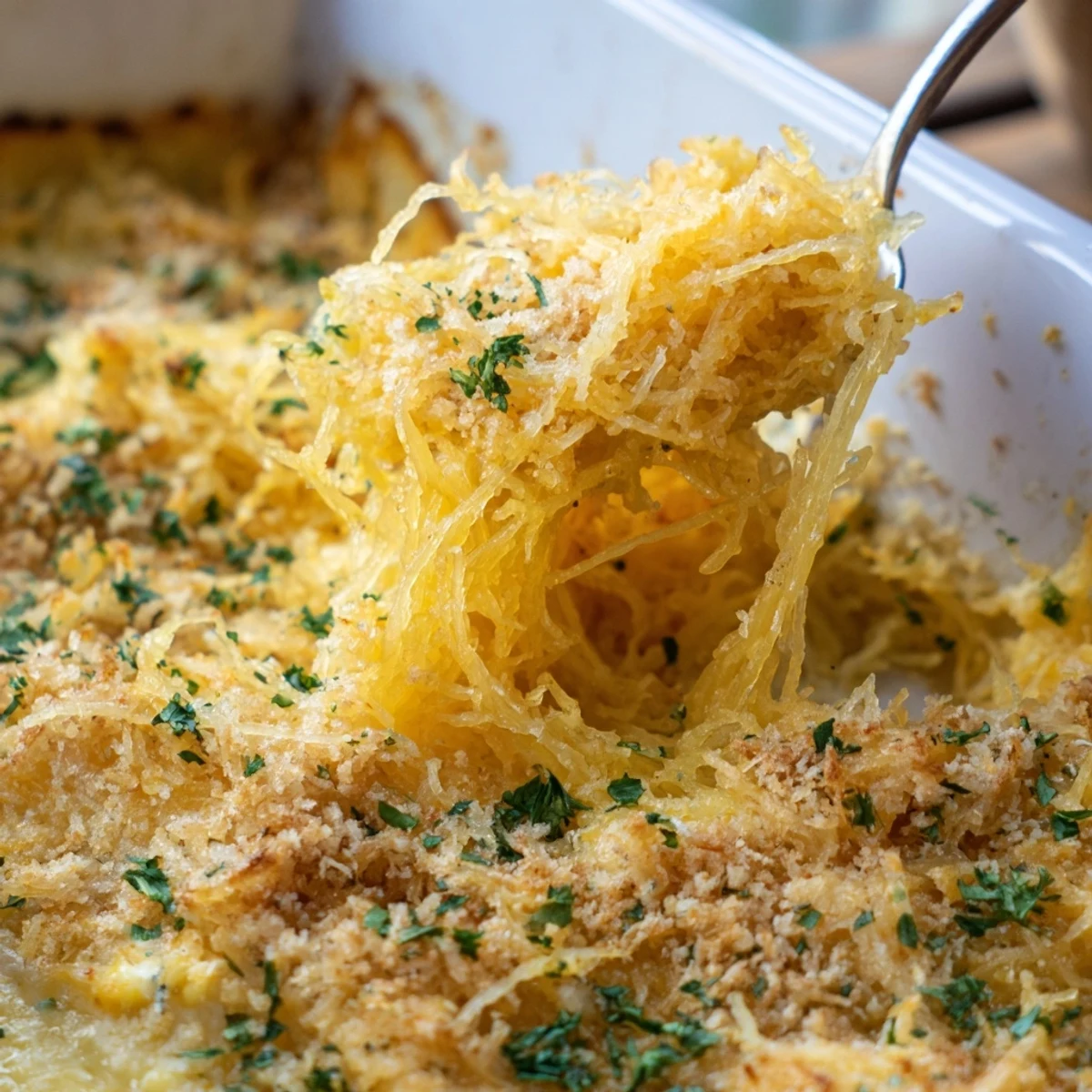 Roasted spaghetti squash strands tossed in rich sharp cheddar sauce served hot for a comforting gluten-free dinner