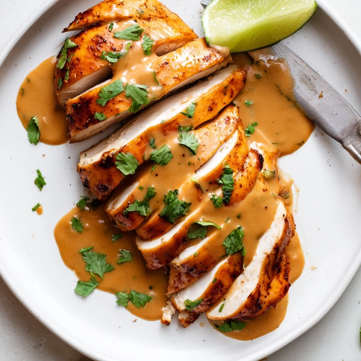Tomatillo Ranch Chicken baked golden, saucy, cilantro garnish over sliced breasts
