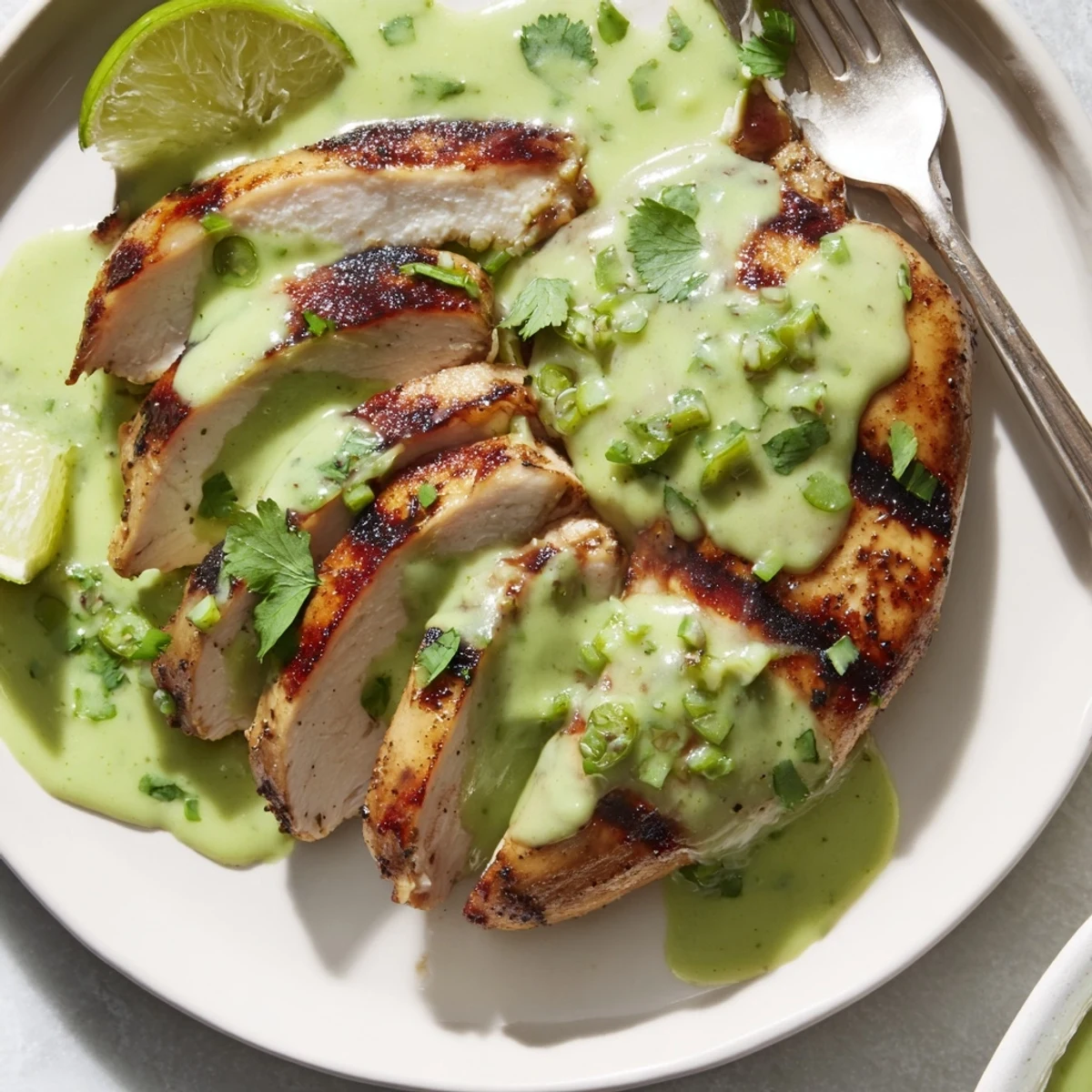 Crisp-roasted Tomatillo Ranch Chicken resting in baking dish, sauce spooned over