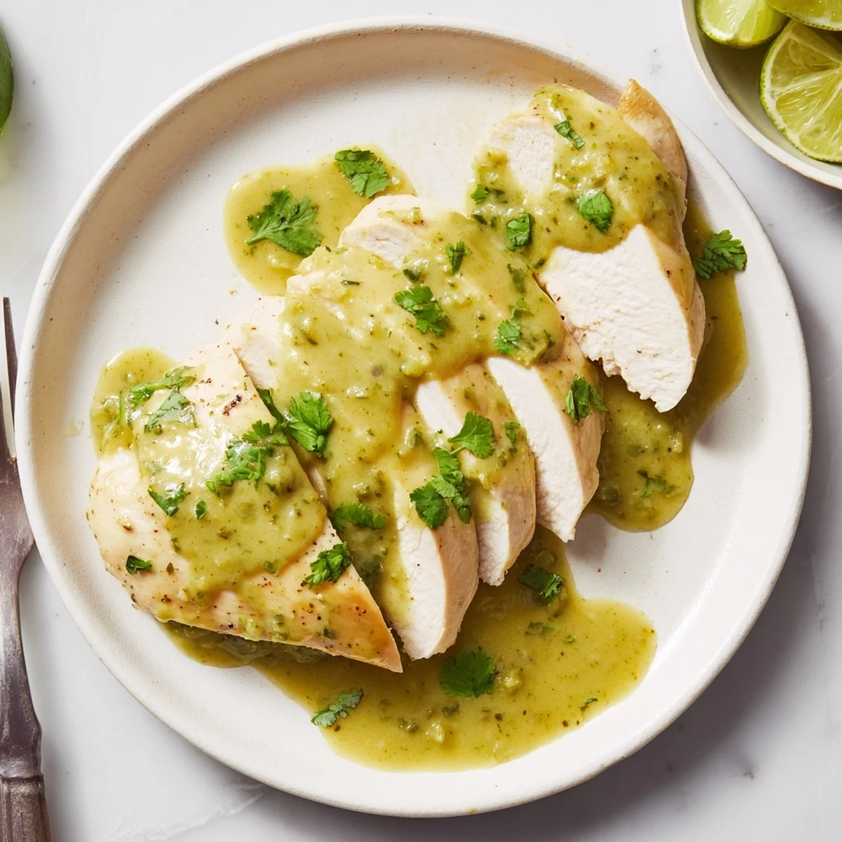 Zesty Tomatillo Ranch Chicken marinated with jalapeño, served with lime wedges