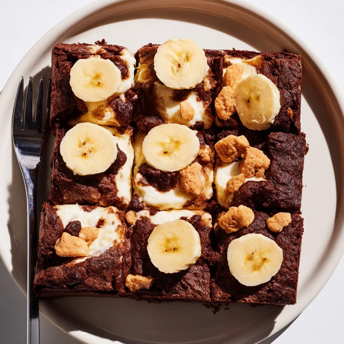 Banana Pudding Brownies with swirled creamy banana layer and crunchy wafer topping
