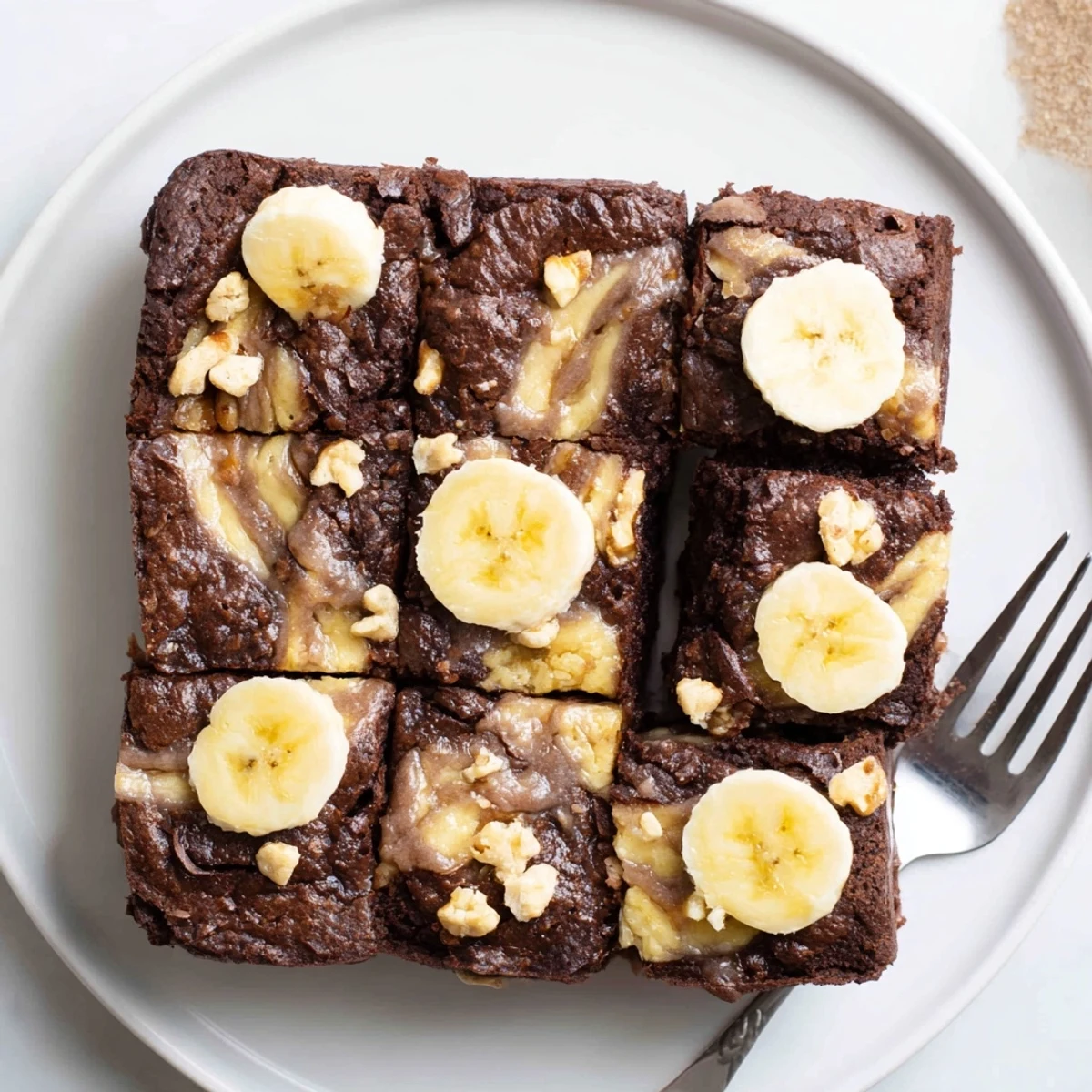 Chilled Banana Pudding Brownies sliced into squares, garnished with fresh banana