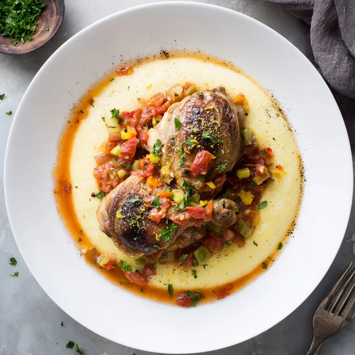 Braised Chicken Thigh Osso Bucco in rich tomato-wine sauce, garnished with parsley.