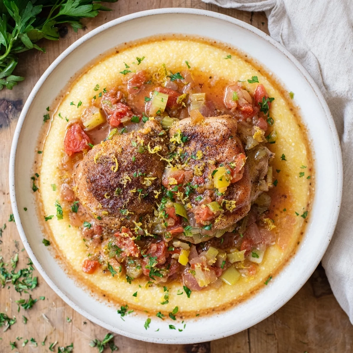 Slow-simmered Chicken Thigh Osso Bucco served over creamy polenta, lemon zest.