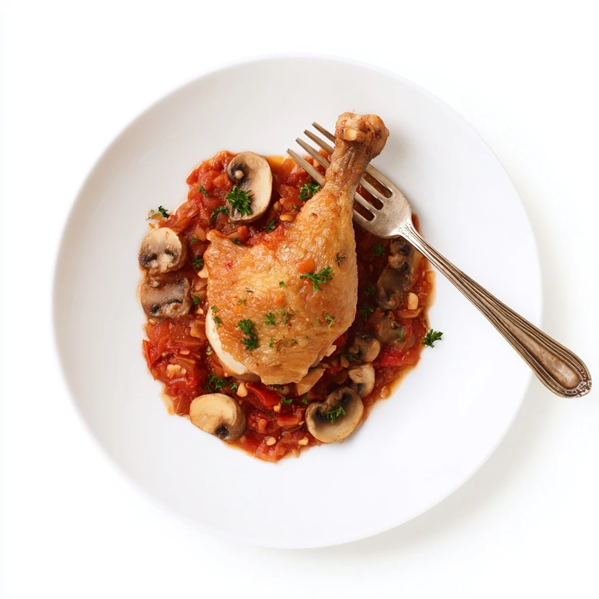 Tender seared thighs in Classic French Hunters Chicken, fragrant thyme sauce
