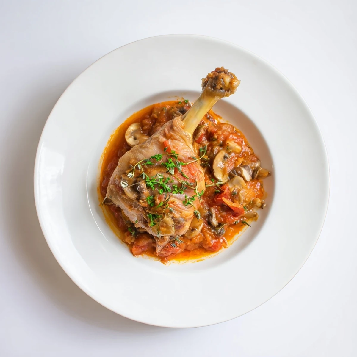 Classic French Hunters Chicken sizzling in rustic tomato-mushroom sauce, garnished parsley
