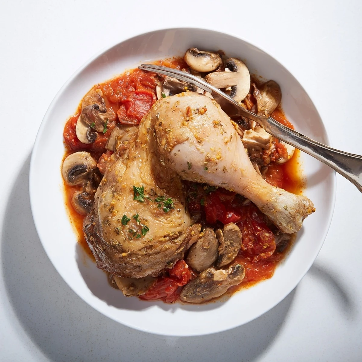 Served over buttered mashed potatoes, Classic French Hunters Chicken with wine jus