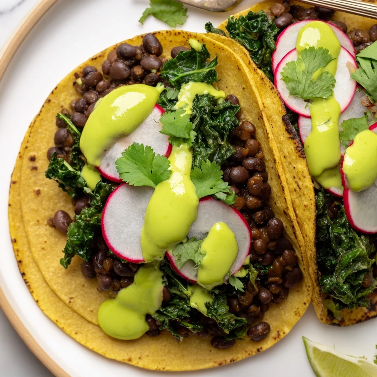 Crisp kale and smoky black bean tacos topped with a creamy herbed green sauce