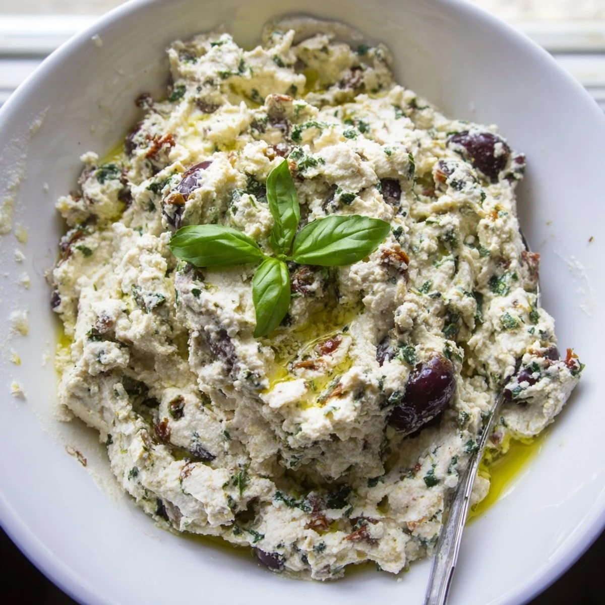 Creamy Italian Style Olive and Cheese Spread topped with fresh basil and golden olive oil drizzle