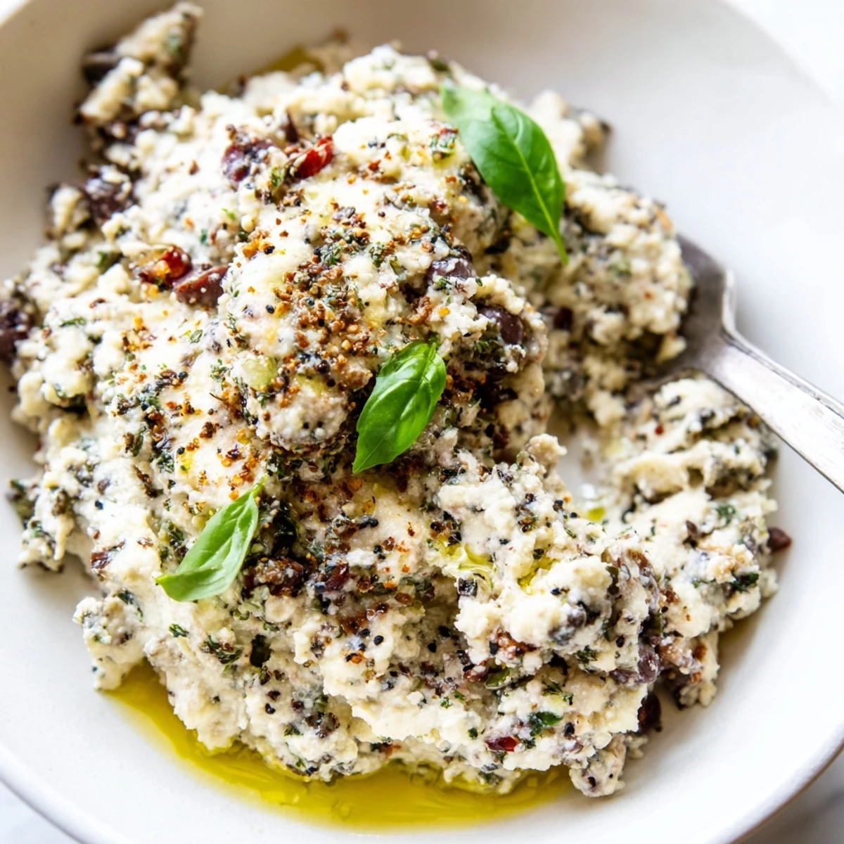 Rustic bowl of Italian Style Olive and Cheese Spread served with toasted crostini and crackers
