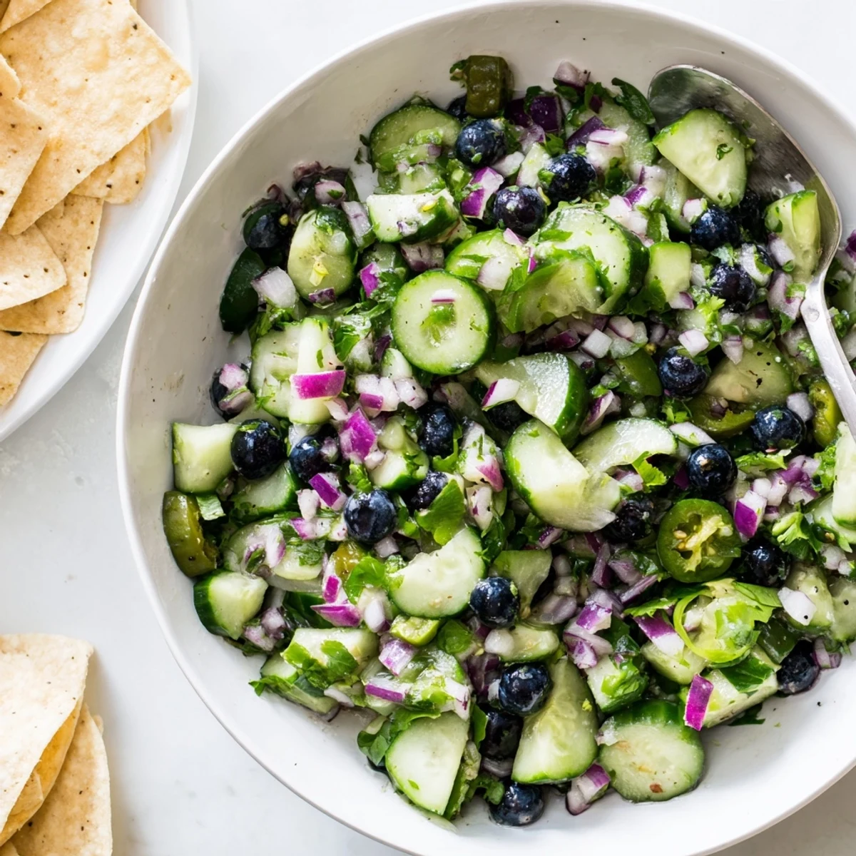 A colorful bowl of blueberry cucumber salsa bursting with fresh berries and crisp green vegetables