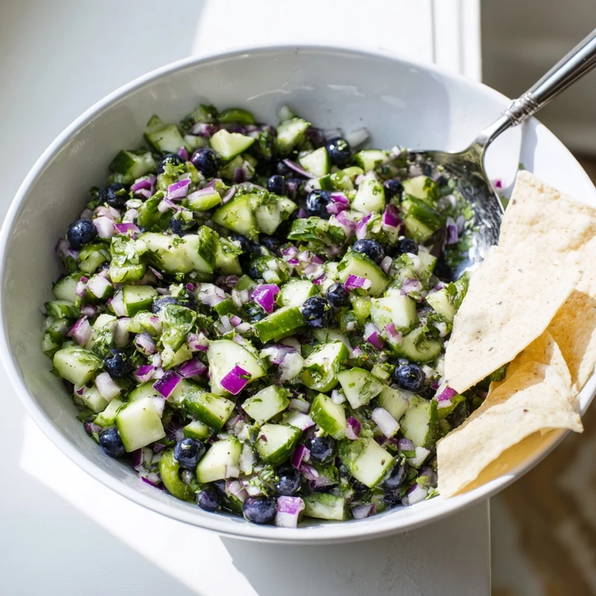 Blueberry cucumber salsa served with golden tortilla chips on a rustic wooden cutting board