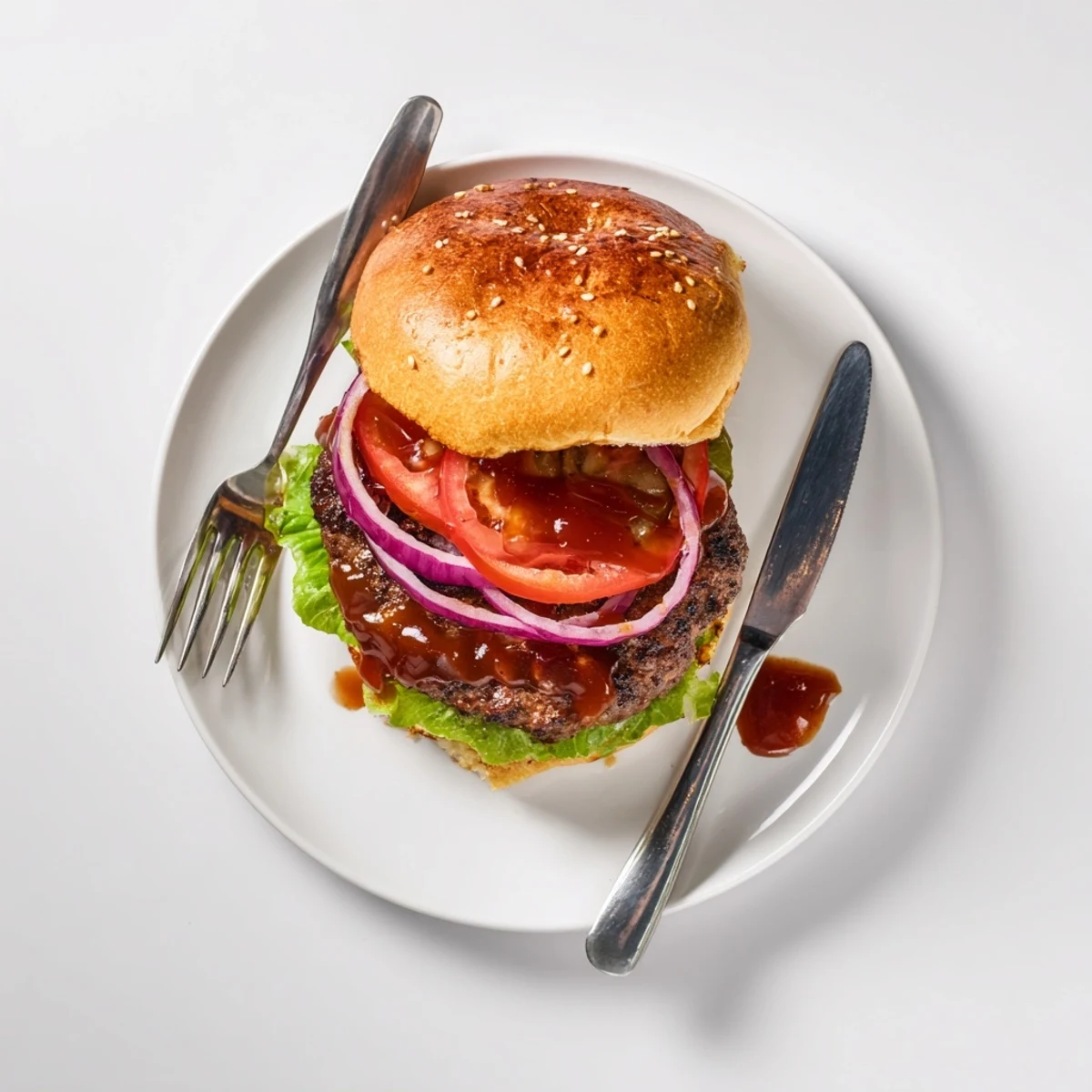 Thick coffee rub burgers dripping with smoky BBQ sauce, layered with crisp lettuce and ripe tomato.