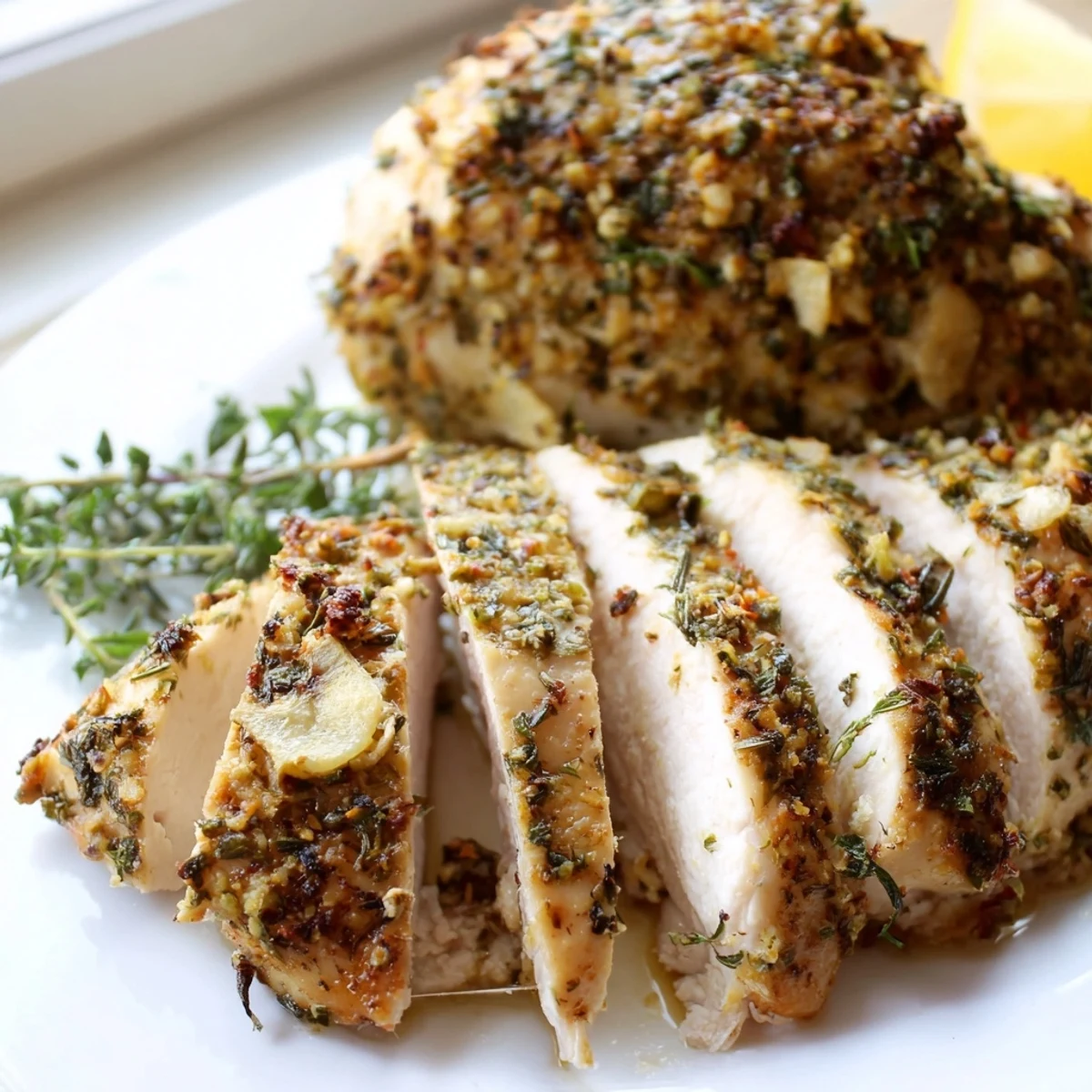 Golden savory garlic herb chicken fresh from the oven with crispy edges