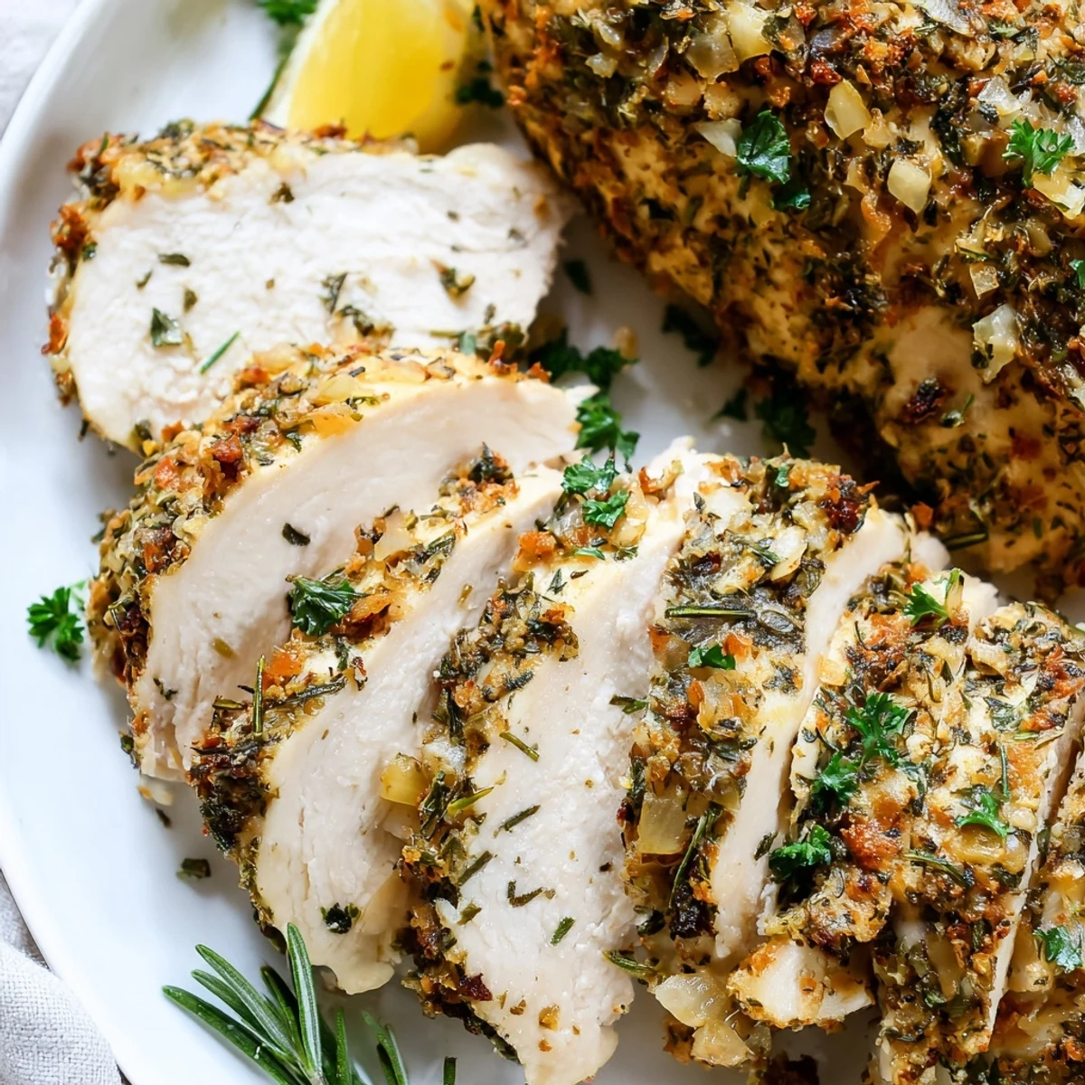 Juicy sliced savory garlic herb chicken plated with bright lemon wedges and parsley