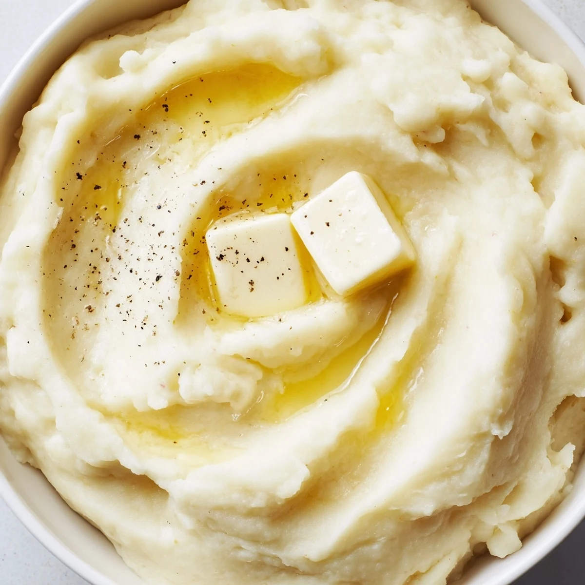 Creamy mashed potatoes whipped with butter and served steaming in a bowl