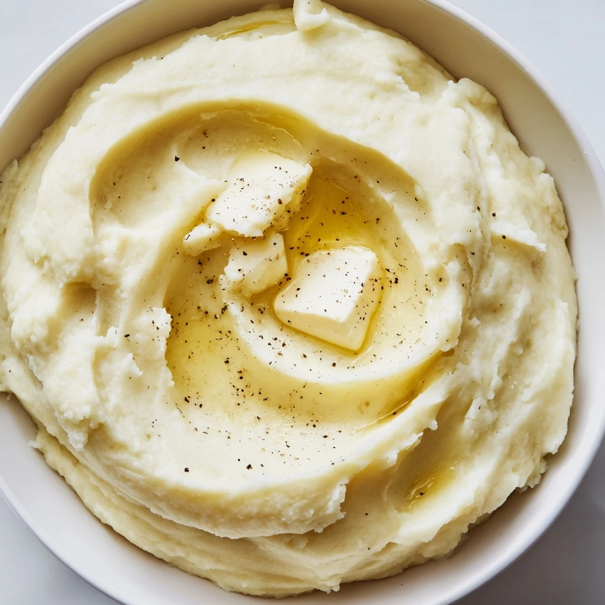 Velvety mashed potatoes piled high with melted butter pooling on top