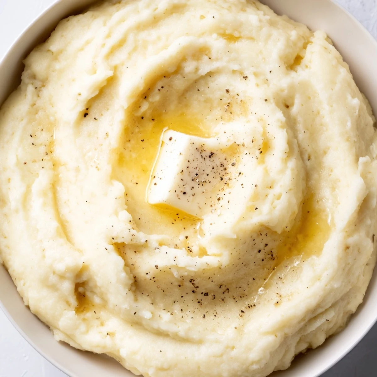 Silky smooth mashed potatoes scooped onto a plate beside roasted meat